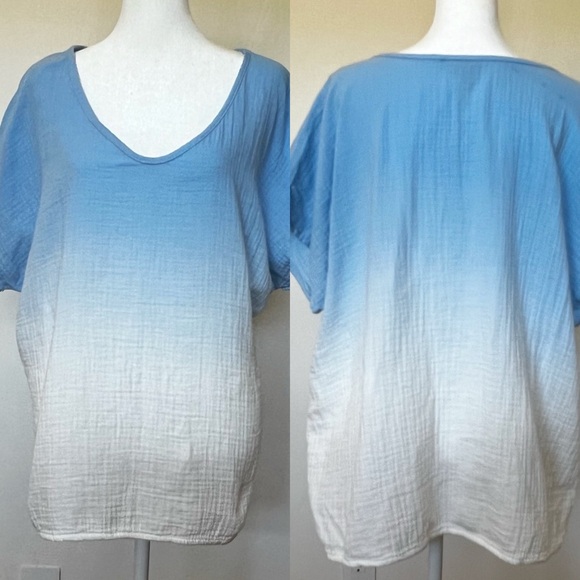 Ombre Cotton Gauze Top Blue to White Beachy Boho V Neck Tee Size XL - Picture 2 of 10
